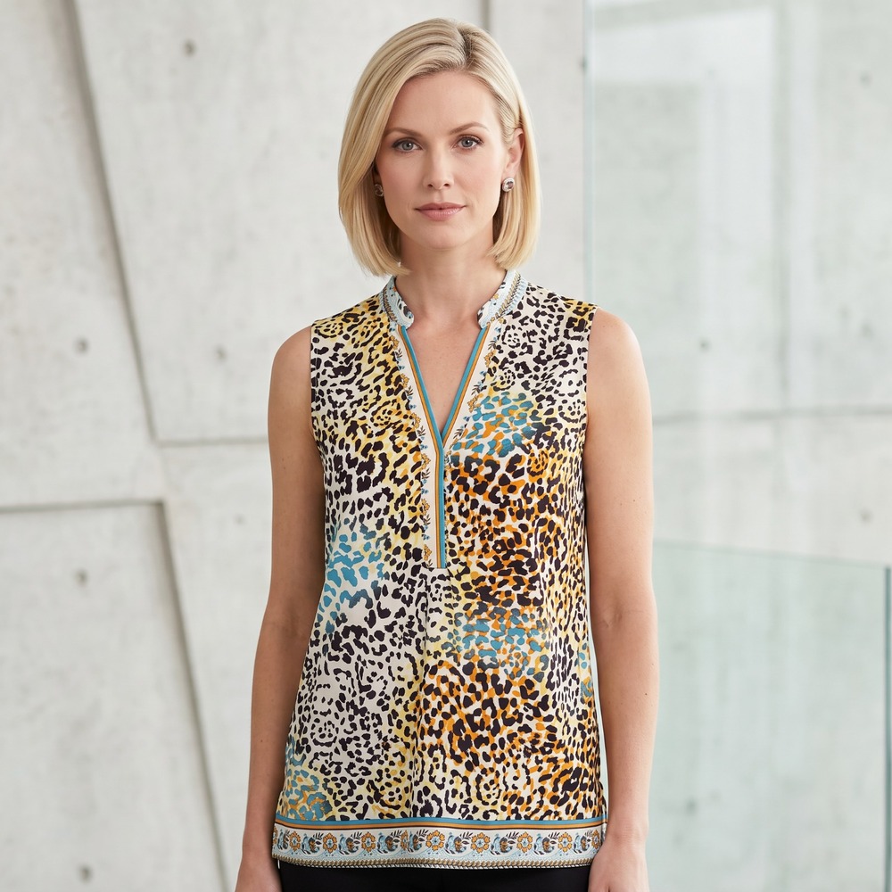 ECI Beige Abstract Leopard Top Tunic Mix Print V Neck Boho Festival Indie Alt S